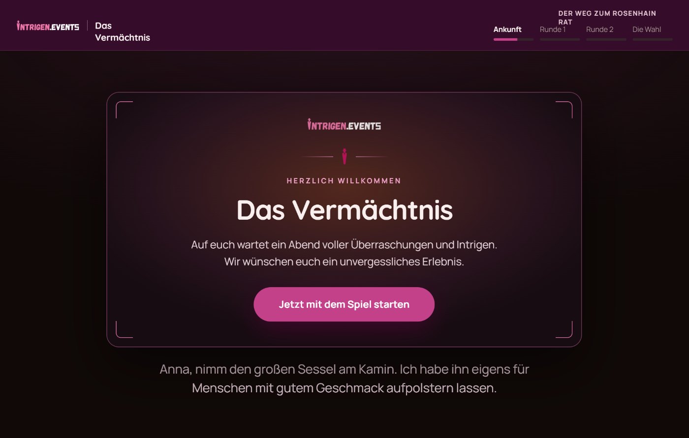 Willkommensbildschirm des Spiels